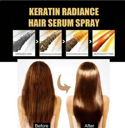 Advertisement for Keratin Radiance Hair Serum Spray showing before and after effects on hair.