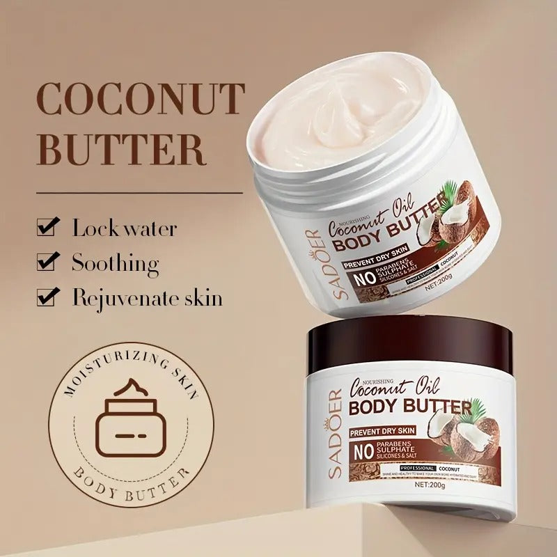 Zenvia Beauty coconut body butter jar with smooth cream inside, showcasing natural coconut scent and moisturizing texture.