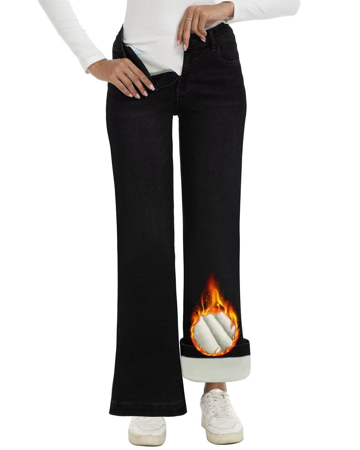 LOOKUB Womens Fleece Lined Jeans High Rise Stretchy Winter Warm Thermal Pants Thick Bell Bottom Wide Leg — product view 2