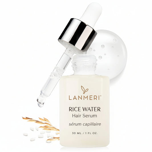 Lanmeri Rice Water Hair Serum with dropper on a white background