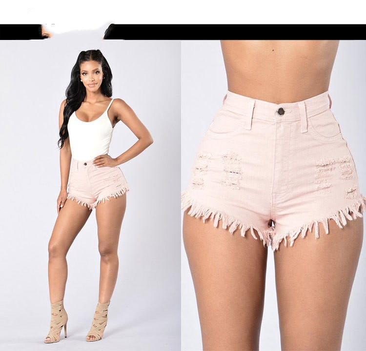 Women's stretchy frayed denim shorts by Zenvia Beauty, featuring distressed hem and classic blue denim, casual summer style.