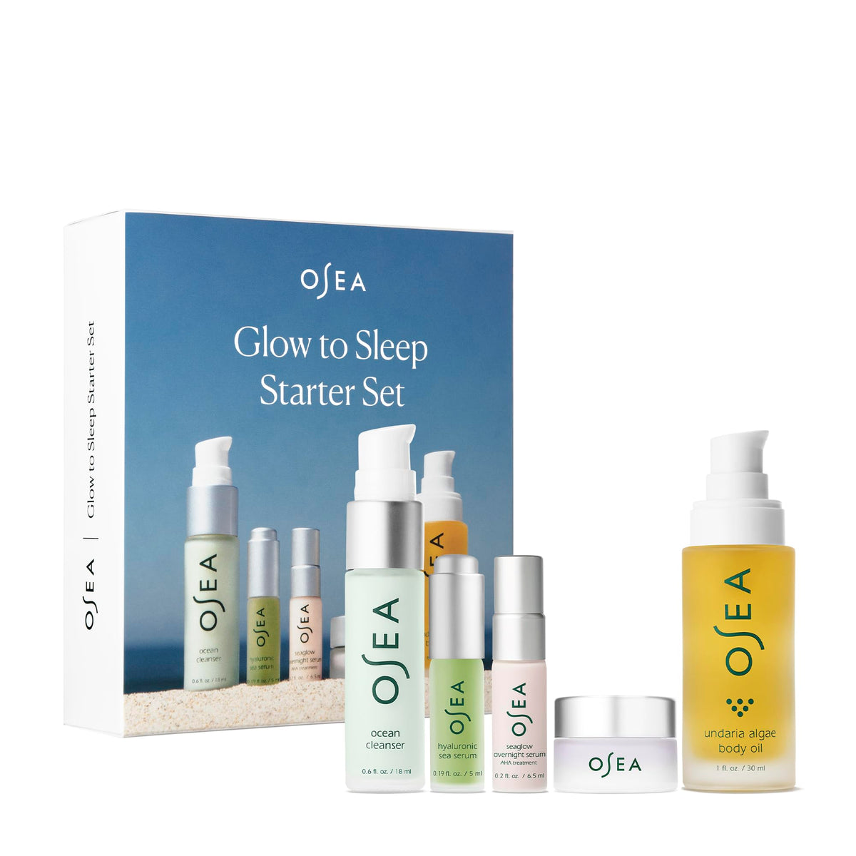 OSEA Glow to Sleep Starter Set - 5-Piece Travel Set - includes Travel Size Night Time Skincare - Ocean Cleanser Hyaluronic Serum Dream Night Cream Seaglow Overnight Serum & Undaria Algae™ Body Oil