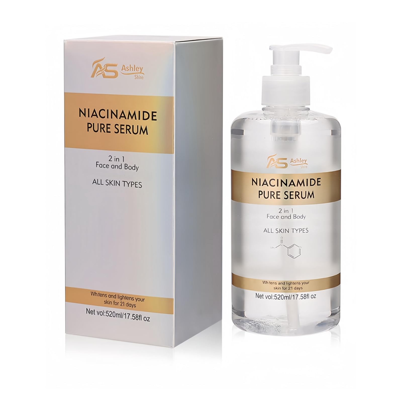 Ashley Shine Niacinamide Serum Moisturizes Skin Care 2 in 1 for Face and Body，Brightening Serum for Dark Spots Body Fine Lines & Wrinkles 17.58Fl Oz