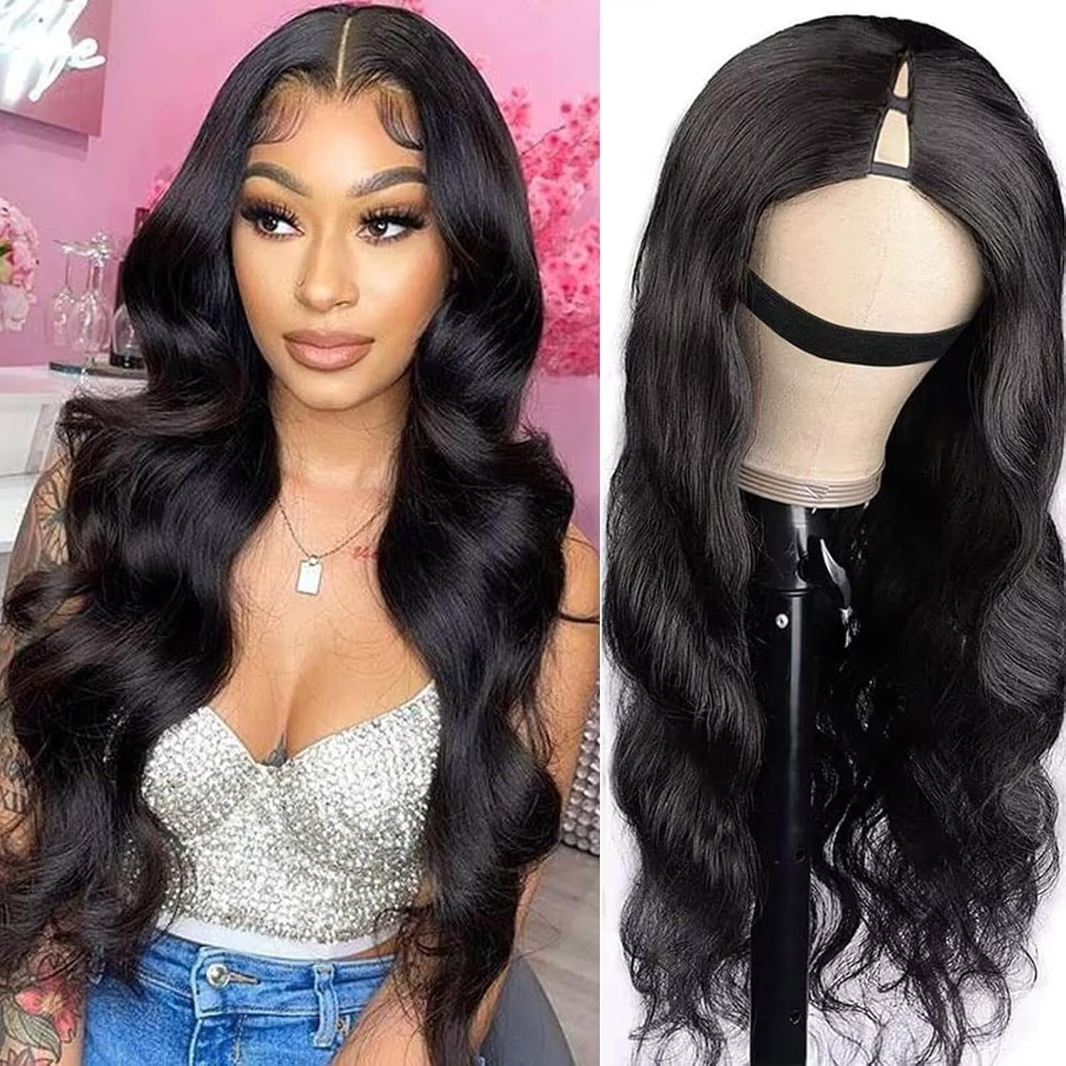 Zenvia Beauty Atikual Body Wave V-Part human hair wig with natural waves and V-part style, showcasing the wig's realistic hair texture.