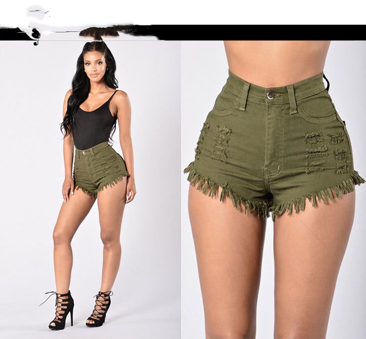 Women's stretchy frayed denim shorts by Zenvia Beauty, featuring a casual fit with distressed hems and classic blue denim.