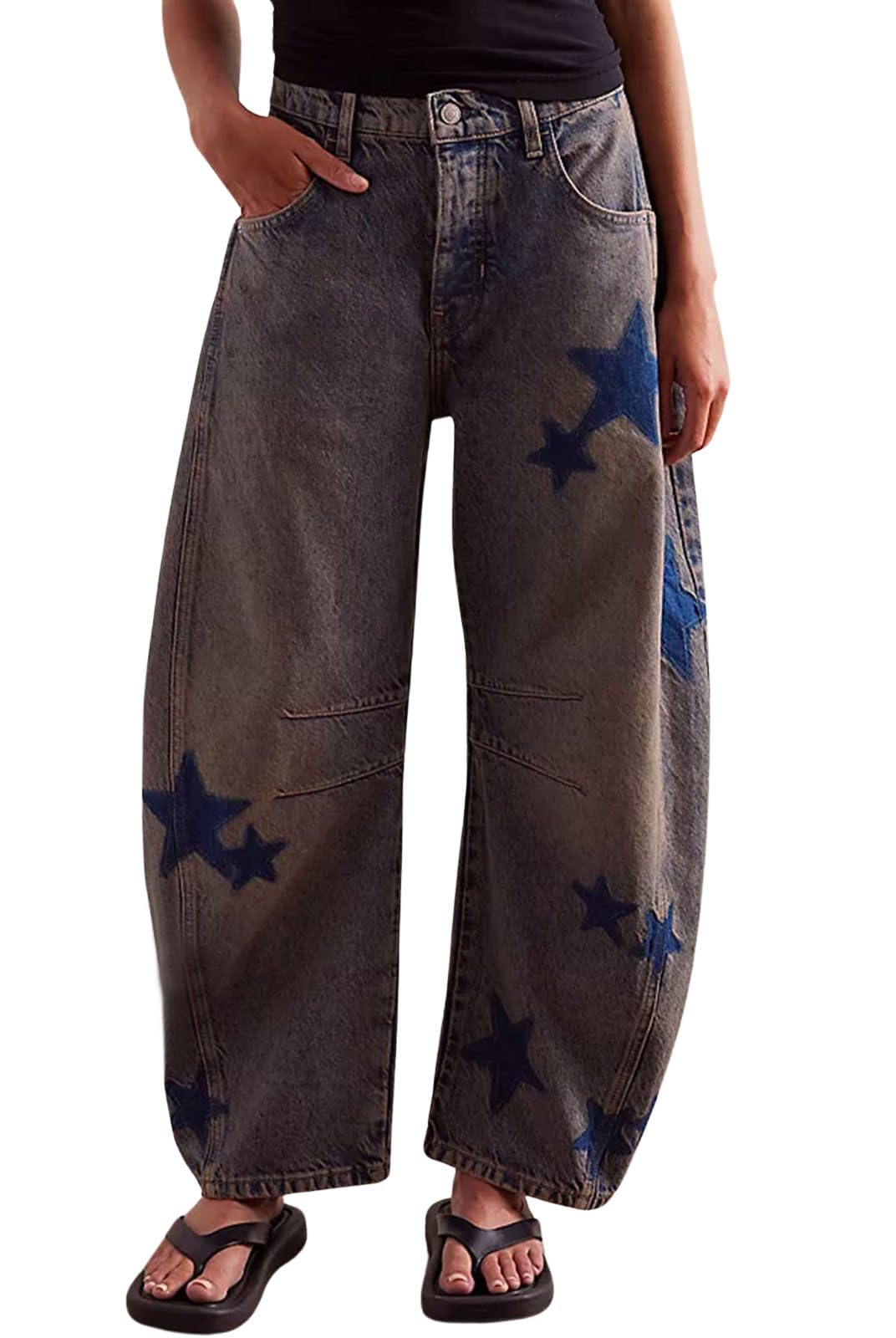 loveimgs Womens Mid Rise Barrel Jeans Wide Leg Baggy Printed Loose Y2k Boyfriend Denim Pants Horseshoe — product view 2