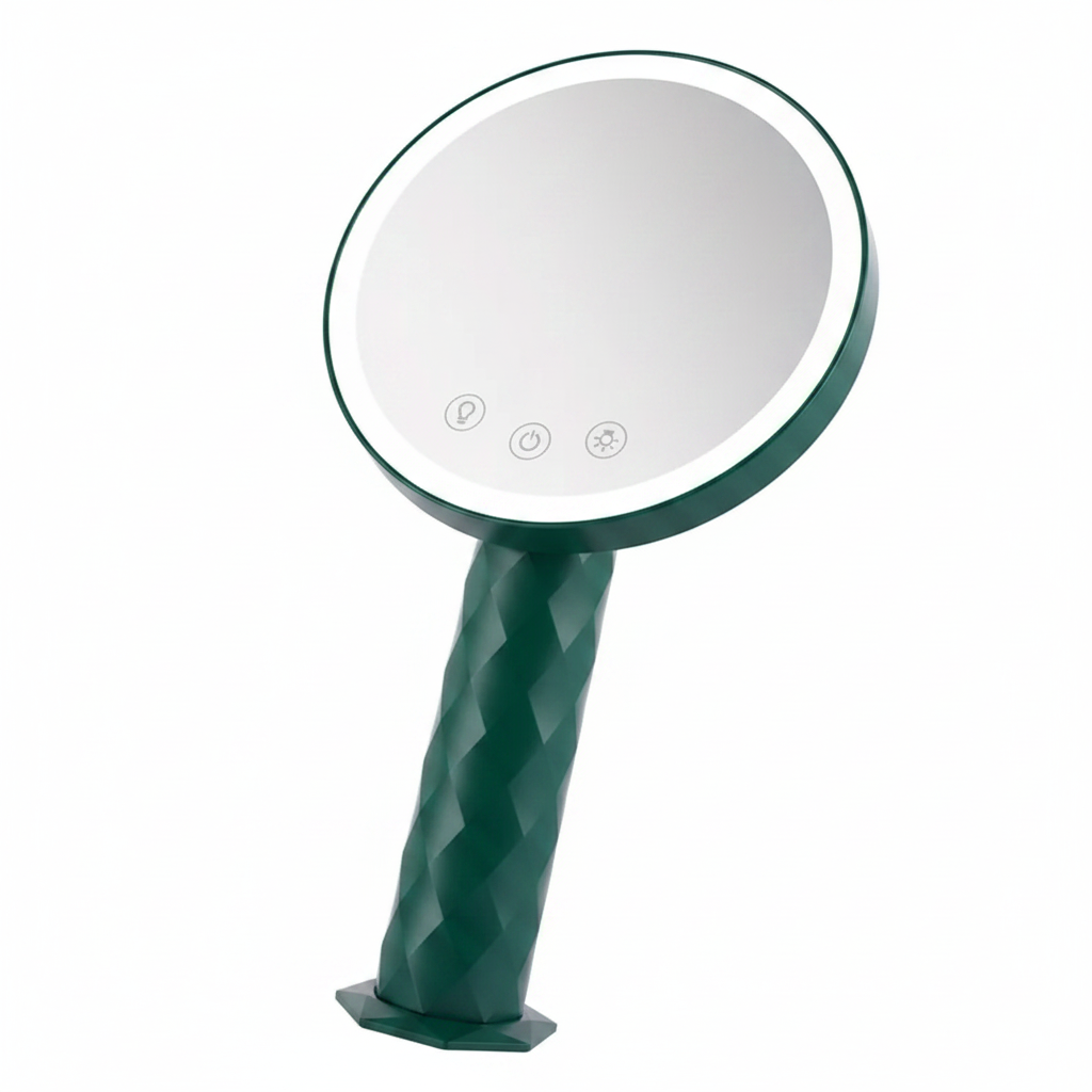 VividAura LED desk mirror from Zenvia Beauty's FoldBright Series with adjustable lighting and a sleek, modern design.