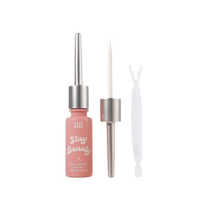 Zenvia Beauty long-lasting eyelash glue applied to false eyelashes, showcasing secure adhesion and clear formula.
