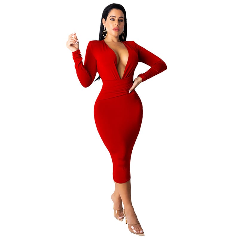 Deep V-Neck Long Sleeve Bodycon Dress