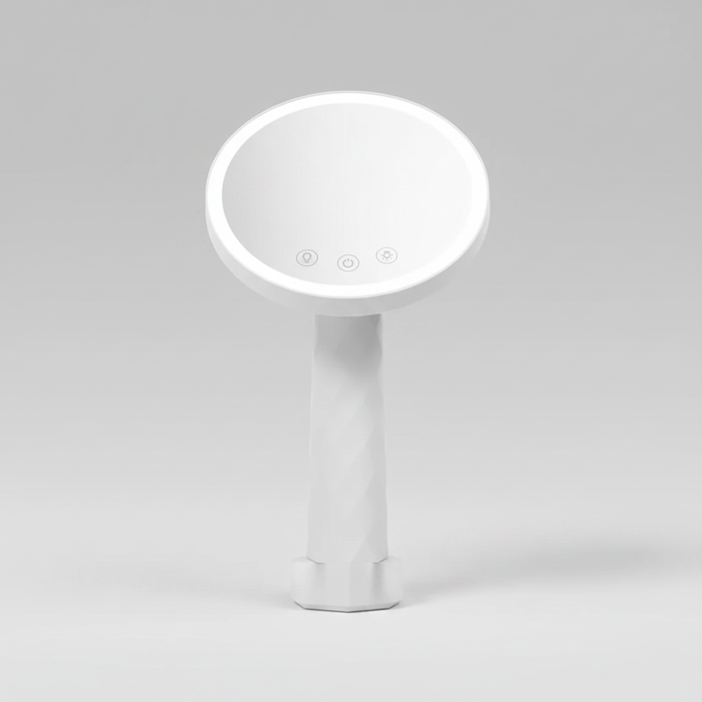 VividAura LED Desk Mirror from Zenvia Beauty FoldBright Series showing a sleek, illuminated makeup mirror with adjustable brightness.