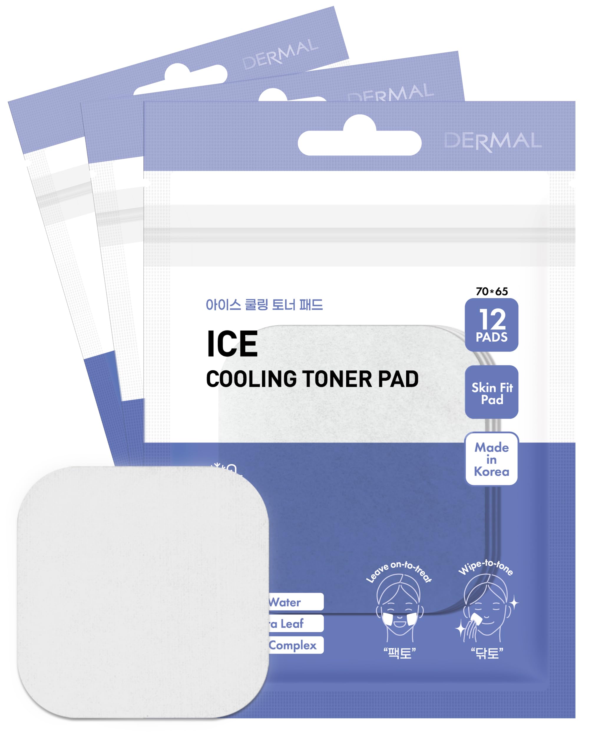 DERMAL Ice Cooling Toner Pad - Korean Soothing & Hydrating Toner Pads with Aloe Vera - After Suncare Sunburn Relief Redness Relief - Vegan Square Pads - Travel Kit 12 Pads 3 Pack (Total 36 Pads)